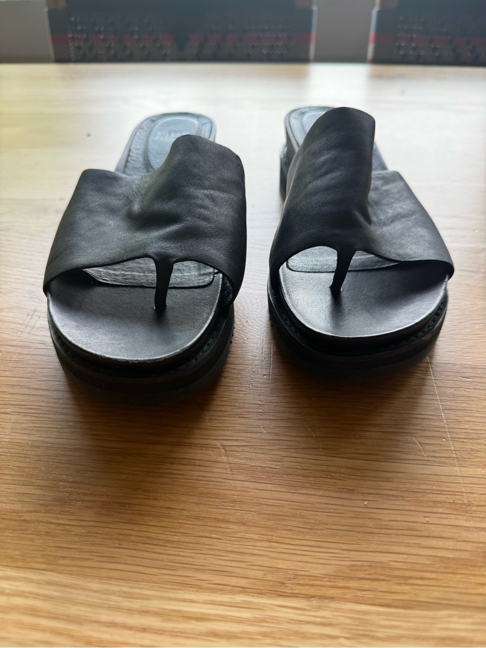 Eileen Fisher Black Leather Platform Slide Sandals - Picture 2 of 5